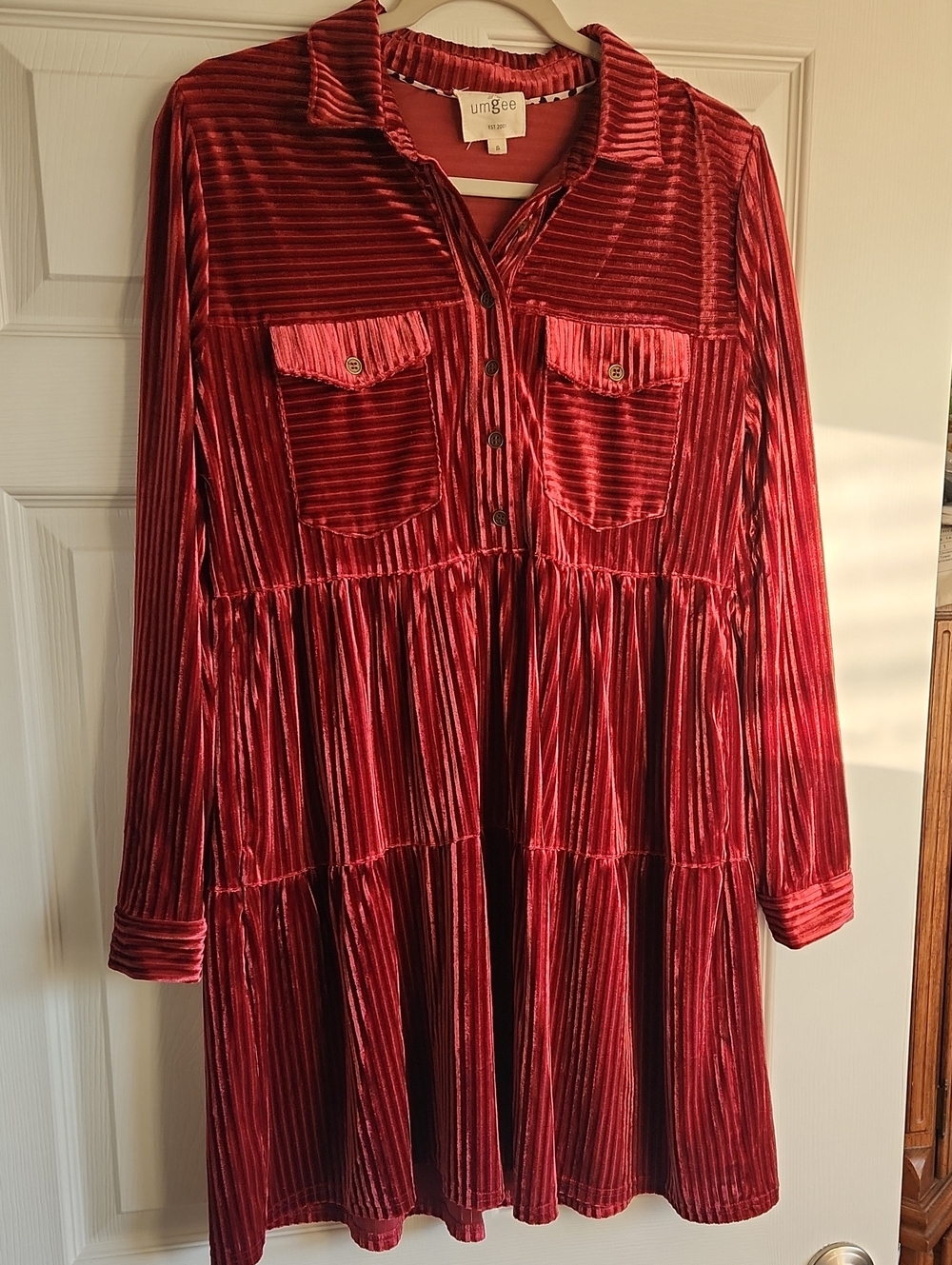 Umgee Wine Red Velvet Tiered Button-Front Dress